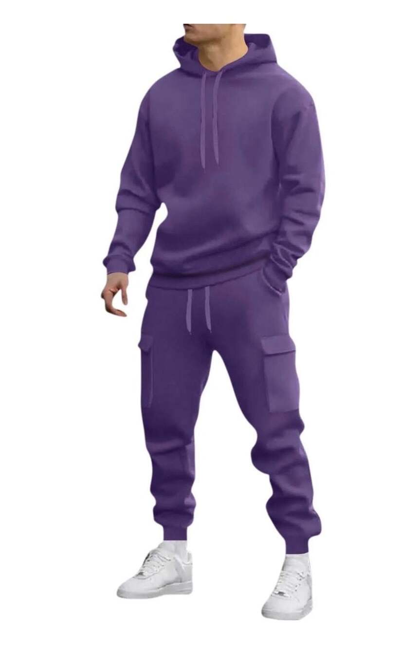Mens 2-Piece Solid Purple Hooded Sweatshirt and Cargo Jogger Set